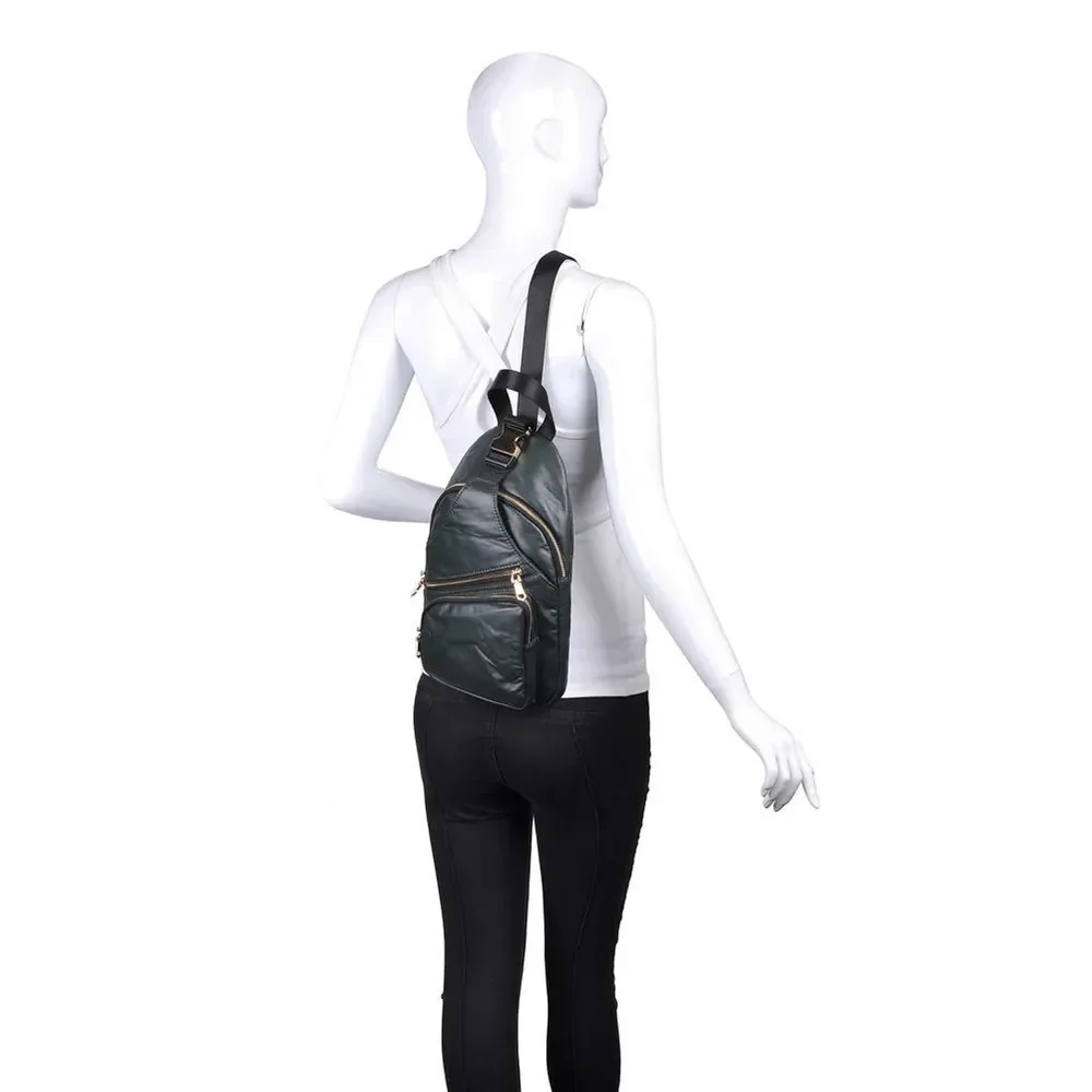 Sol and Solene on the Go Sling Backpack Dark Green with Gold Metal Accents